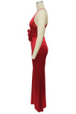 Red Celebrities Flowers Hollow Out Patchwork V Neck Evening Dresses