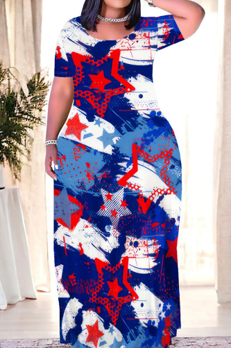 Blue Casual Print Patchwork O Neck Straight Dresses