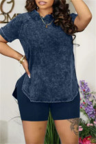 Blue Casual Solid Basic O Neck Short Sleeve Two Pieces