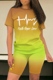 Green Yellow Casual Daily Gradient Print Letter Print Contrast O Neck Short Sleeve Two Pieces