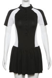 Black Sexy Buckle Ruched Patchwork Mandarin Collar A Line Dresses