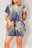 Light Blue Casual Street Geometric Print Draw String Pocket Contrast O Neck Loose Rompers