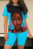 Light Purple Casual Figure Print Basic O Neck Short Sleeve Two Pieces