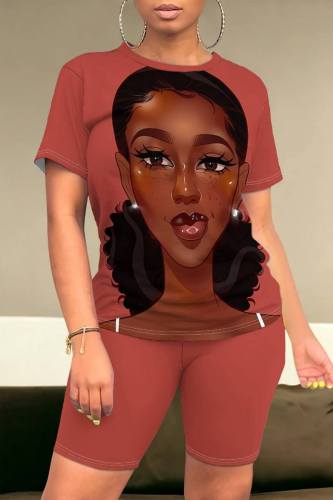 Watermelon Red Casual Figure Print Basic O Neck Short Sleeve Two Pieces