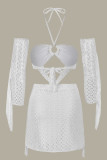 White Sexy Solid Color Fringed Trim Hollow Out Patchwork Halter Long Sleeve Two Pieces