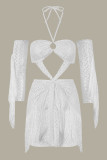 White Sexy Solid Color Fringed Trim Hollow Out Patchwork Halter Long Sleeve Two Pieces