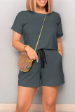 Black Casual Solid Color Draw String Pocket Patchwork O Neck Loose Rompers