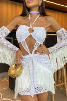 White Sexy Solid Color Fringed Trim Hollow Out Patchwork Halter Long Sleeve Two Pieces