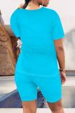Light Purple Casual Figure Print Basic O Neck Short Sleeve Two Pieces