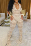 Yellow Sexy Solid See-through Backless Halter Skinny Jumpsuits