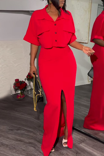 Red Celebrities Solid Color Pocket Buckle Slit Patchwork Turndown Collar Half Sleeve Two Pieces
