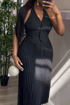 Black Celebrities Solid Color Buckle Pleated Patchwork V Neck Sleeveless Two Pieces