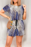 Light Blue Casual Street Geometric Print Draw String Pocket Contrast O Neck Loose Rompers