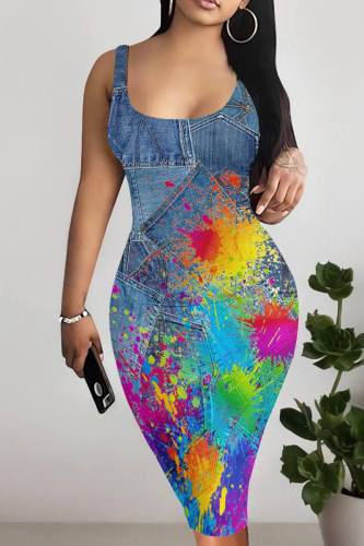 Blue Casual Faux Denim Print Basic U Neck Vest Dresses