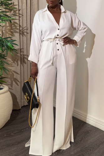 White Casual Solid Color Draw String Buckle Slit Turndown Collar Loose Jumpsuits