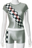 Grey Casual Print Patchwork O Neck Short Sleeve Two Pieces