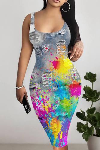 Gray Blue Casual Faux Denim Print Basic U Neck Vest Dresses