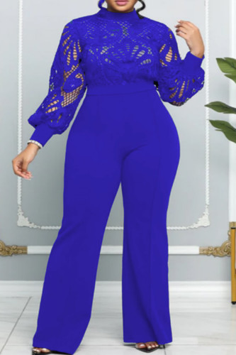 Blue Casual Solid Hollowed Out See-through Half A Turtleneck Regular Jumpsuits