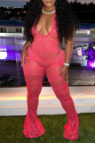 Yellow Sexy Solid See-through Backless Halter Skinny Jumpsuits