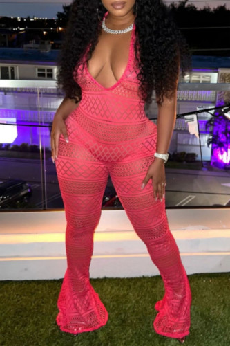 Rose Red Sexy Solid See-through Backless Halter Skinny Jumpsuits