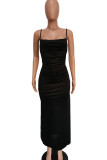 Blue Celebrities Solid Color Backless High Slit Patchwork Spaghetti Strap Sling Dresses