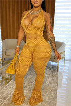 Yellow Sexy Solid See-through Backless Halter Skinny Jumpsuits