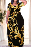 Yellow Black Casual Daily Floral Print O Neck Printed Dresses