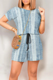 White Blue Casual Street Geometric Print Draw String Pocket Contrast O Neck Loose Rompers