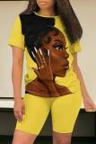 Light Purple Casual Figure Print Basic O Neck Short Sleeve Two Pieces