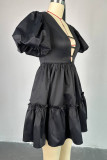 Black Celebrities Solid Color Hollow Out Ruched Patchwork V Neck A Line Dresses