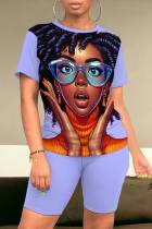 Light Purple Casual Figure Print Basic O Neck Short Sleeve Two Pieces