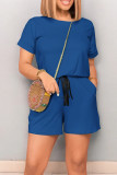 Blue Casual Solid Color Draw String Pocket Patchwork O Neck Loose Rompers