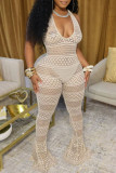 Yellow Sexy Solid See-through Backless Halter Skinny Jumpsuits