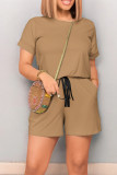 Brown Casual Solid Color Draw String Pocket Patchwork O Neck Loose Rompers