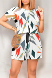 Black Casual Geometric Print Letter Print Pocket Contrast O Neck Loose Rompers