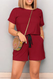 Khaki Casual Solid Color Draw String Pocket Patchwork O Neck Loose Rompers
