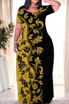 Yellow Black Casual Daily Floral Print O Neck Printed Dresses