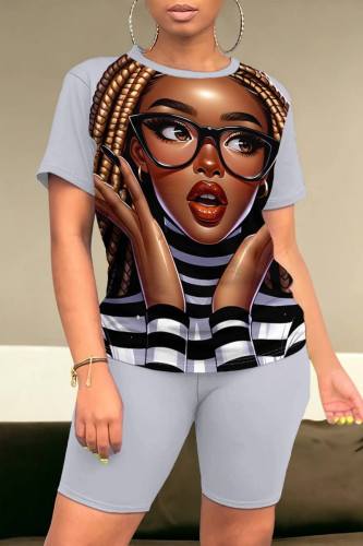 Grey Casual Figure Print Basic O Neck Short Sleeve Two Pieces