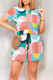 Blue Pink Casual Geometric Print Letter Print Pocket Contrast O Neck Loose Rompers
