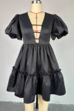 Black Celebrities Solid Color Hollow Out Ruched Patchwork V Neck A Line Dresses