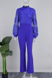 Blue Casual Solid Hollowed Out See-through Half A Turtleneck Regular Jumpsuits