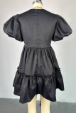 Black Celebrities Solid Color Hollow Out Ruched Patchwork V Neck A Line Dresses