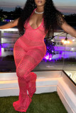 Yellow Sexy Solid See-through Backless Halter Skinny Jumpsuits