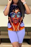 Light Purple Casual Figure Print Basic O Neck Short Sleeve Two Pieces