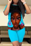 Light Purple Casual Figure Print Basic O Neck Short Sleeve Two Pieces
