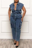 Navy Blue Casual Solid Color Pocket Patchwork Turndown Collar Sleeveless Bodycon Denim Jumpsuits