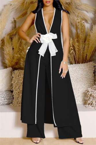 Black Casual Patchwork Bow Decor Deep V Neck Sleeveless Two Pieces