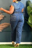 Navy Blue Casual Solid Color Pocket Patchwork Turndown Collar Sleeveless Bodycon Denim Jumpsuits