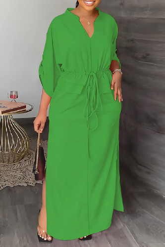 Green Casual Solid Color Slit V Neck Long Dresses