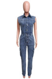 Navy Blue Casual Solid Color Pocket Patchwork Turndown Collar Sleeveless Bodycon Denim Jumpsuits